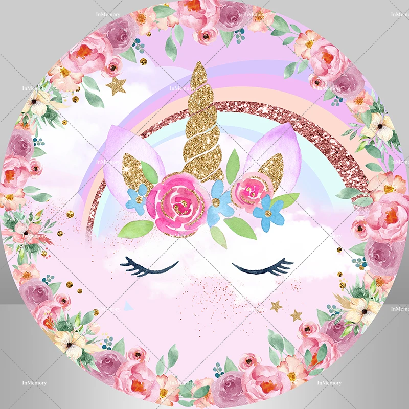 Unicorn Round Backdrop Rainbow Flower Cloud Newborn Baby Shower Girl 1st Birthday Party Circle Background Plinth Cylinder Cover