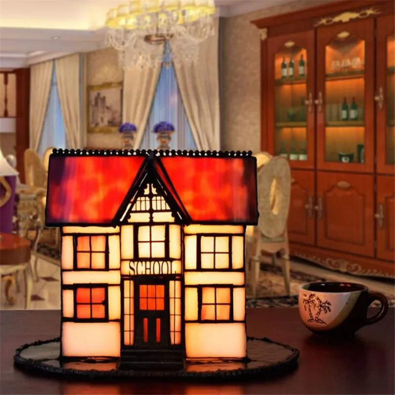 

Wedding Decor House Led Night Light Tiffany Vintage Glass House Table Lamp Kid's Room Bedside Foyer Small Desk Night Light 1234
