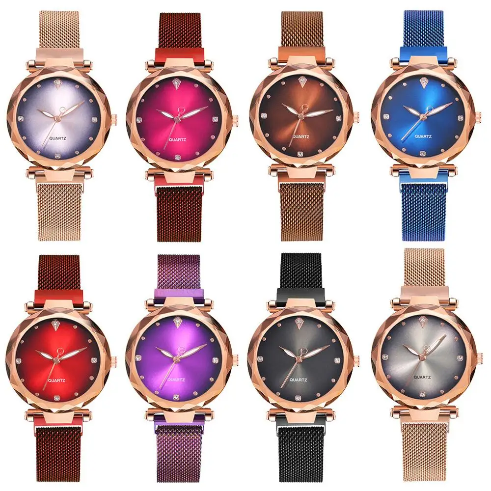 Relojes magnéticos de moda para mujer, pulsera de malla de acero, reloj de lujo con diamantes, reloj femenino