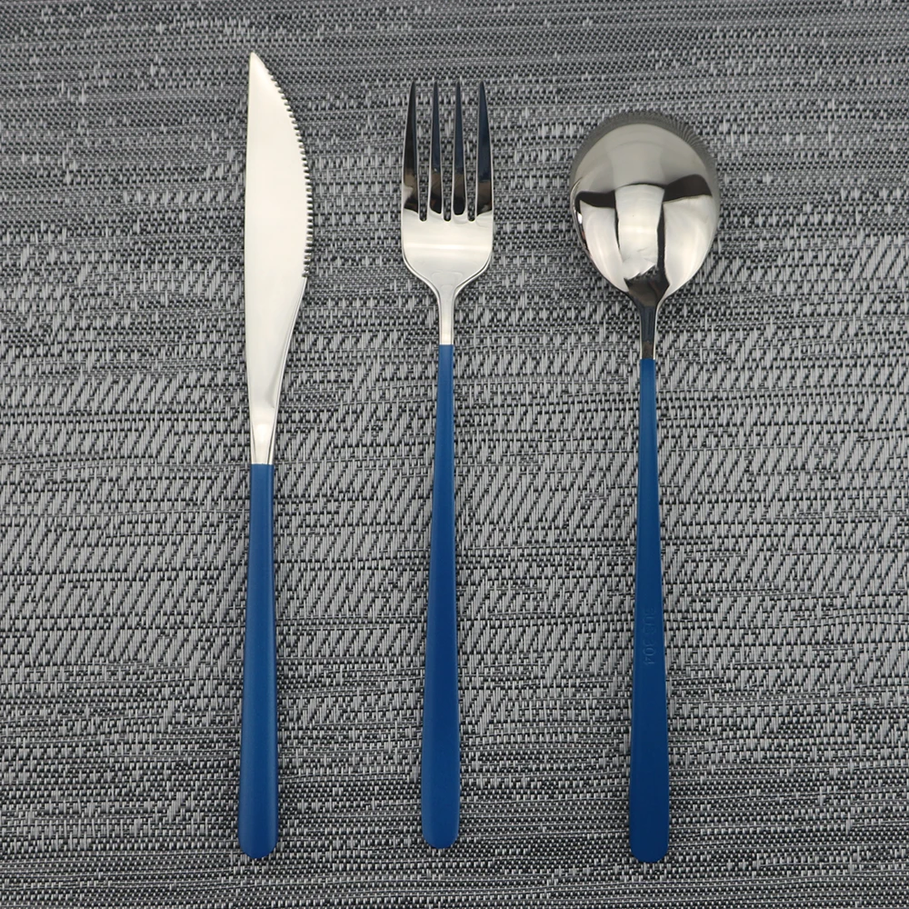 3-Piece Korean Colorful Blue-Silver Eco-Friendly Portable Travel Cutlery Dinnerware Set 304 Stainless Steel Knife Fork Spoon Set