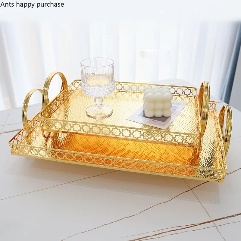 

Metal Storage Tray Golden Rectangle Binaural Decorative Plate Cake Pan Snacks Dessert Plate Fruit Tray Desktop Organize Disk