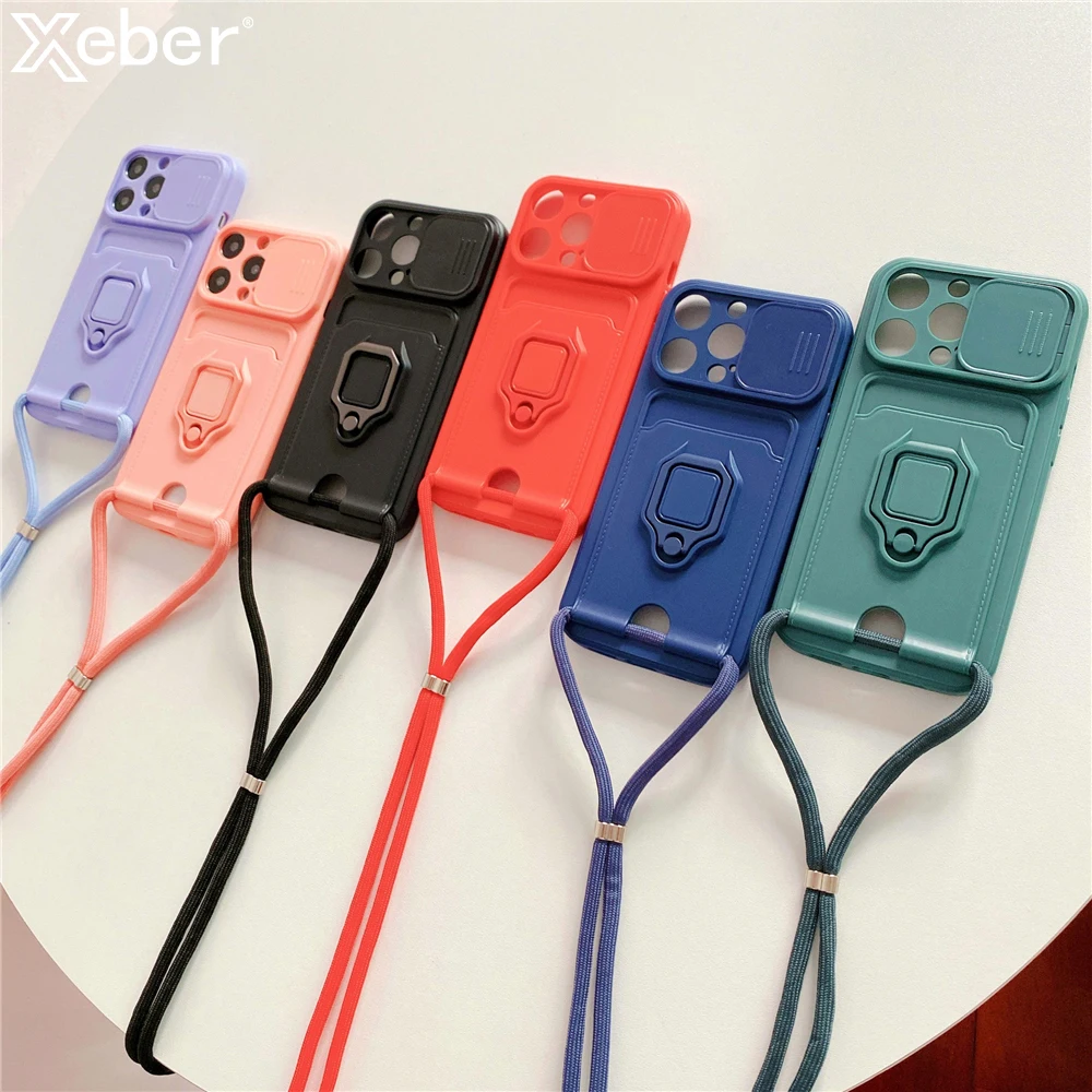 Crossbody Lanyard Silicone Ring Holder Card Wallet Case For iPhone 16 15 13 11 12 14 Pro Max XS X XR 8 7 Plus Slide Camera Cover