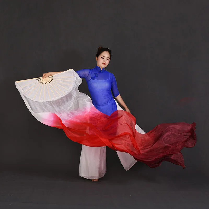 2pcs 1.8m=6ft Belly Dance real Silk Fan Veils 5mm Silk Flowy Gradient color Stage Performance Props Fans White-Red-Burgundy