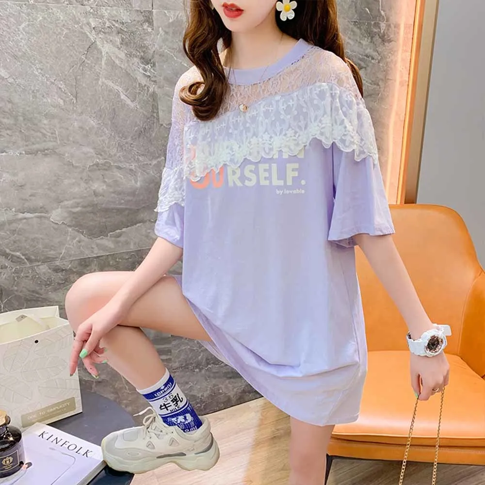 

Summer Tops Women T-shirt Sweet Short Sleeved HIp Hop Korean Women Cotton Loose Hollow Lace Female Clothes