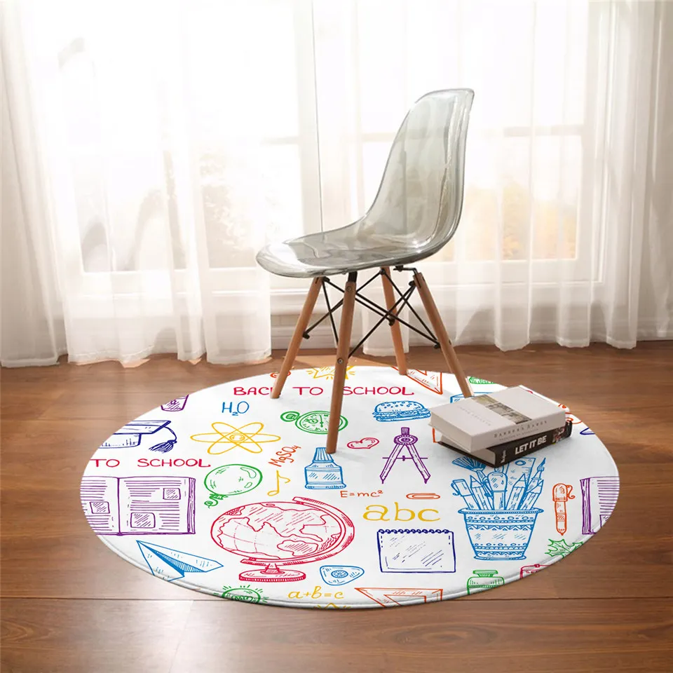 BeddingOutlet School Collection Round Carpet Colorful Play Mat for Living Room Educational Pencils Floor Rugs Globe Kids Tapete