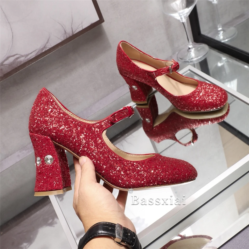 Bling Sequins Mary Janes Jeweled Diamond High Heels Sexy Round Toe Buckle Belt Spring Autumn Crystal Women Pumps