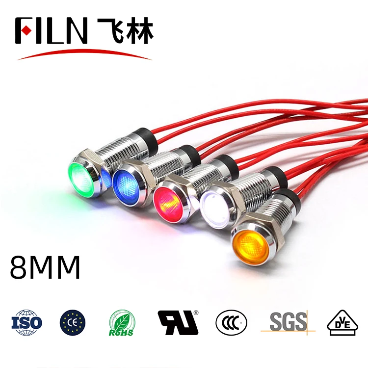 FILN Metal flat head 8mm 12v 24v 220v 110v equipment pilot lights Hot sale led indicator light with wire