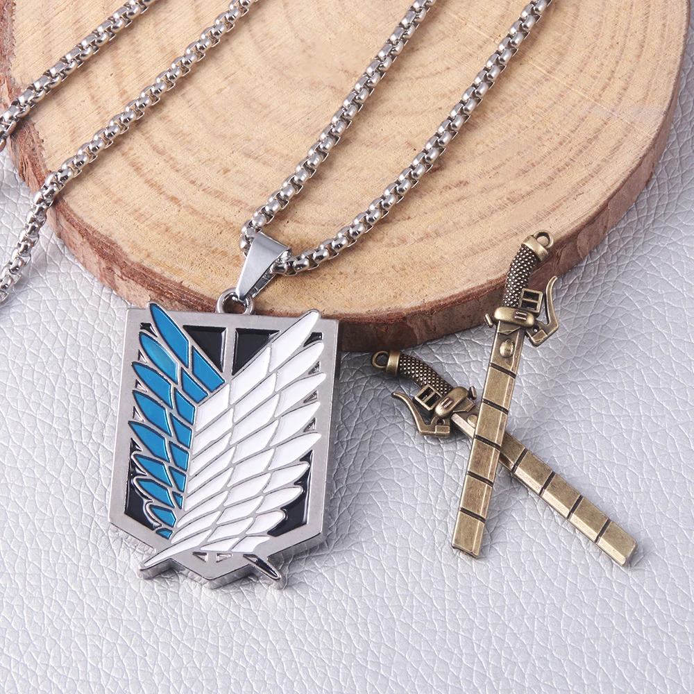 Anime Necklace Eren Wings of Liberty Freedom Badge Double Knife Necklace Pendant Fashion Men Women Backpack Jewelry