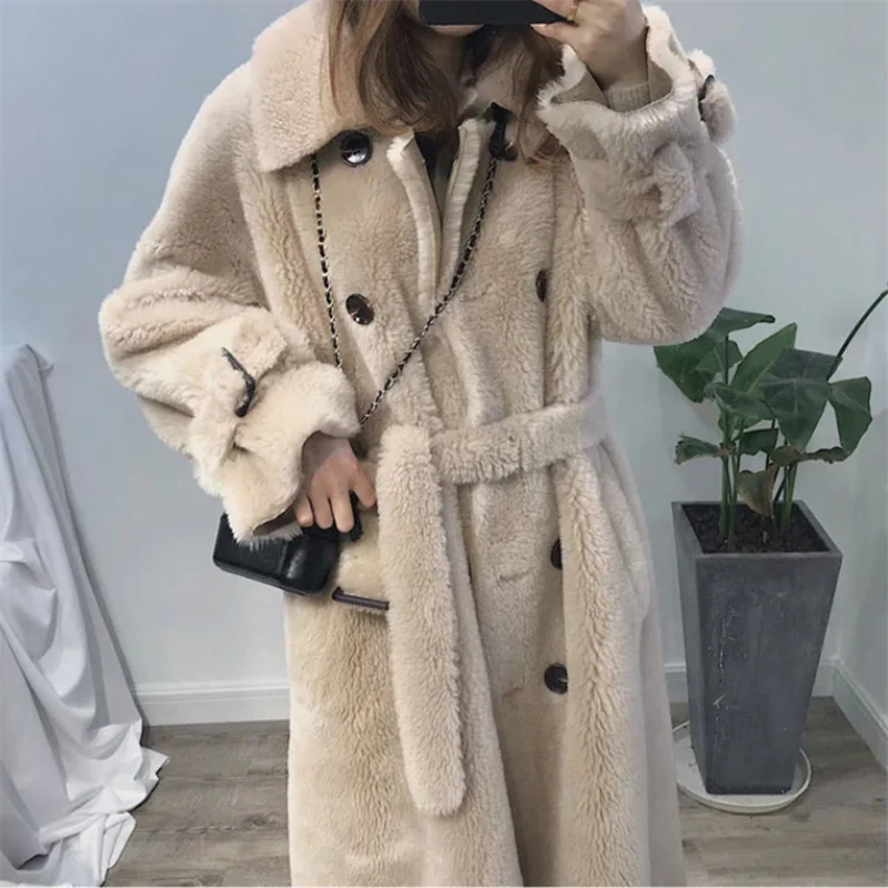 Autumn Winter Women Wool Fur Coat Korean New Fashion Button Pocket Granules Sheep Shearing Jacket Ladies Long Overcoat Tide H477