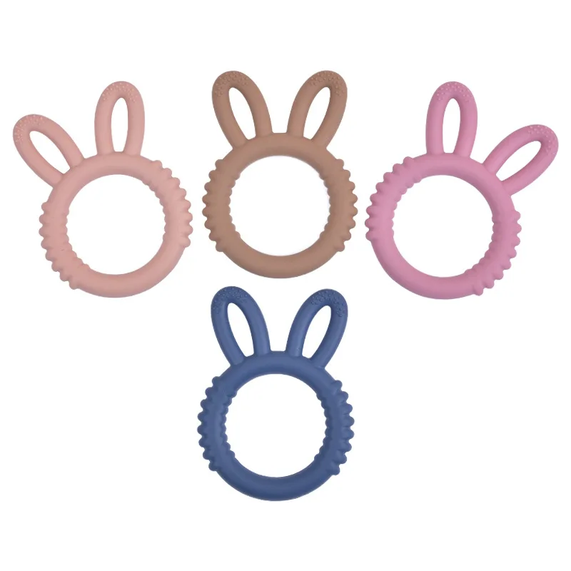 2pcs Ring Rattles Teething Cartoon Rabbit Teether Silicone Molar Training Solid Tooth Chew 7-12m Teethers