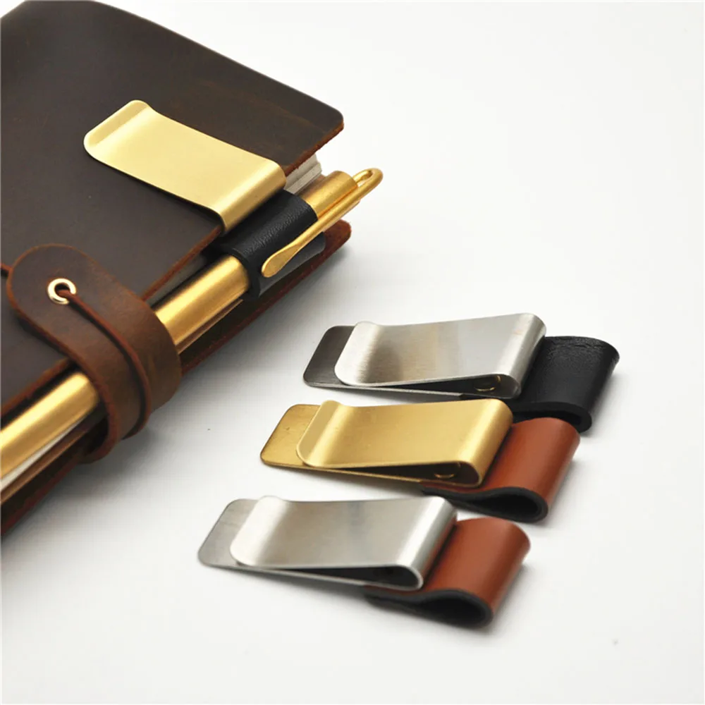 School Office Supply Stainless Steel Handmade Leather Brass Clips Stainless Steel Pen Holder Clip Journal Notebook Paper Folder