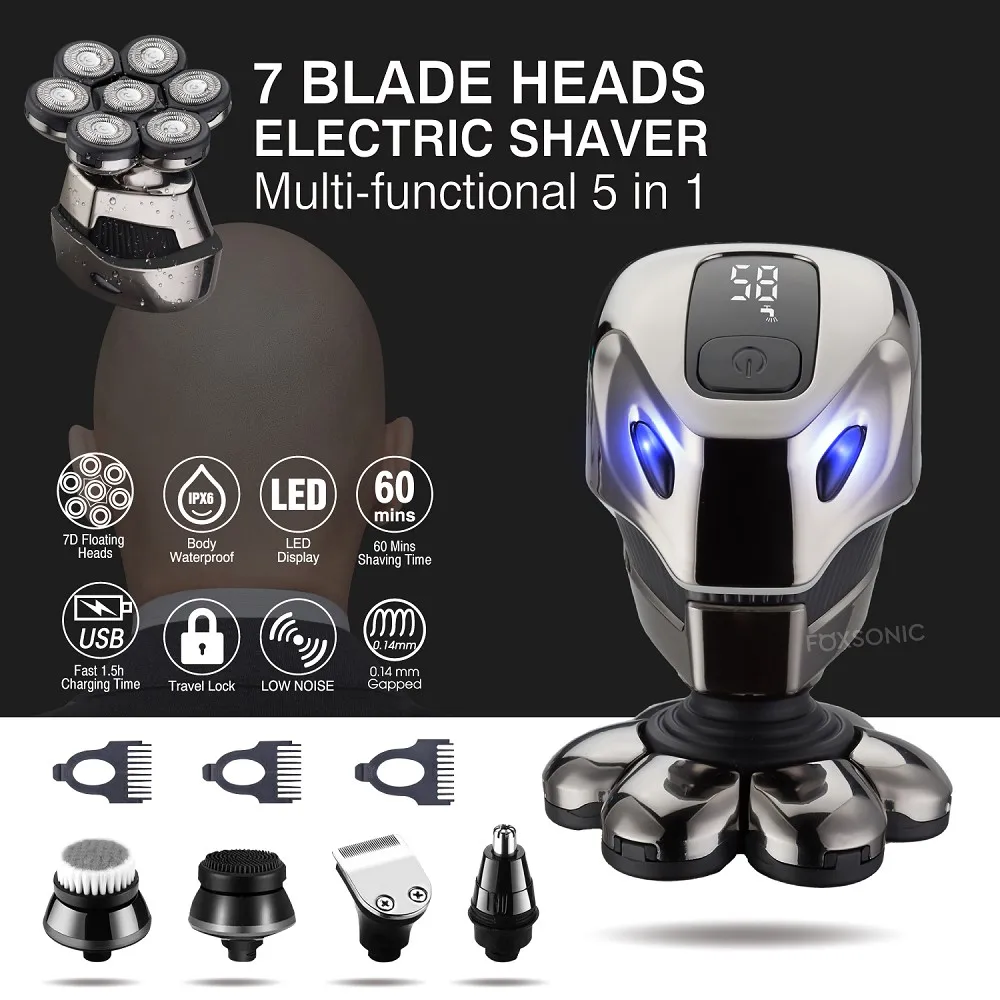 FOXSONIC-maquinilla de afeitar eléctrica para hombre, recortadora de cabeza seca y húmeda, con cabezal 7D, resistente al agua, con pantalla LED