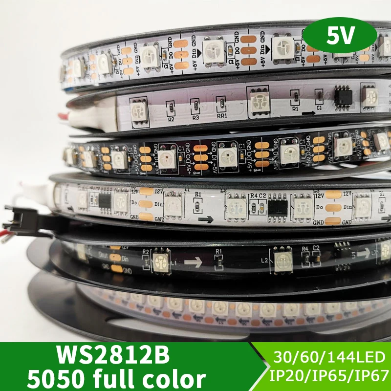 5V WS2812B taśmy Led światła indywidualnie adresowane WS2812 inteligentny piksel Led RGB paski czarny/biały PCB wodoodporna IP30/65/67 1-5m
