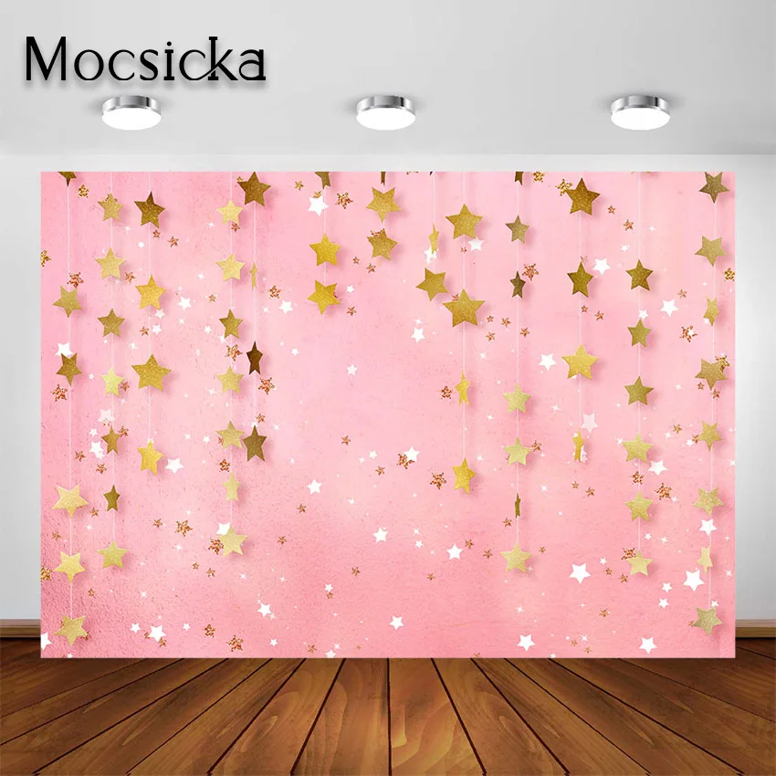 Mocsicka Pink Starry Sky Backdrop for Newborn Photography Baby Girls Gold Little Star Party Decorations Background Photoshoot