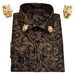 Złoto Paisley jedwabne męskie koszule z długim rękawem Casual koszule w kwiaty dla mężczyzn ubranie koszule Barry.Wang projektant Leopard Collar Pin