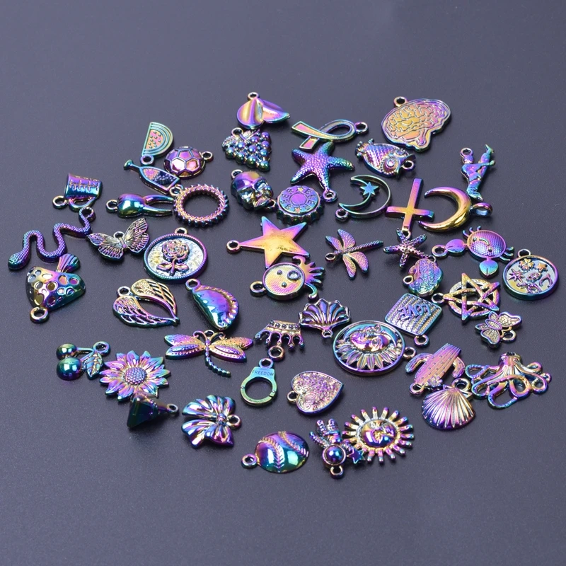 50pcs Mixed Rainbow Charms For Jewelry Making Supplies Animal Moon Pentagram Pendants Women Men Accessories DIY Alloy Materials