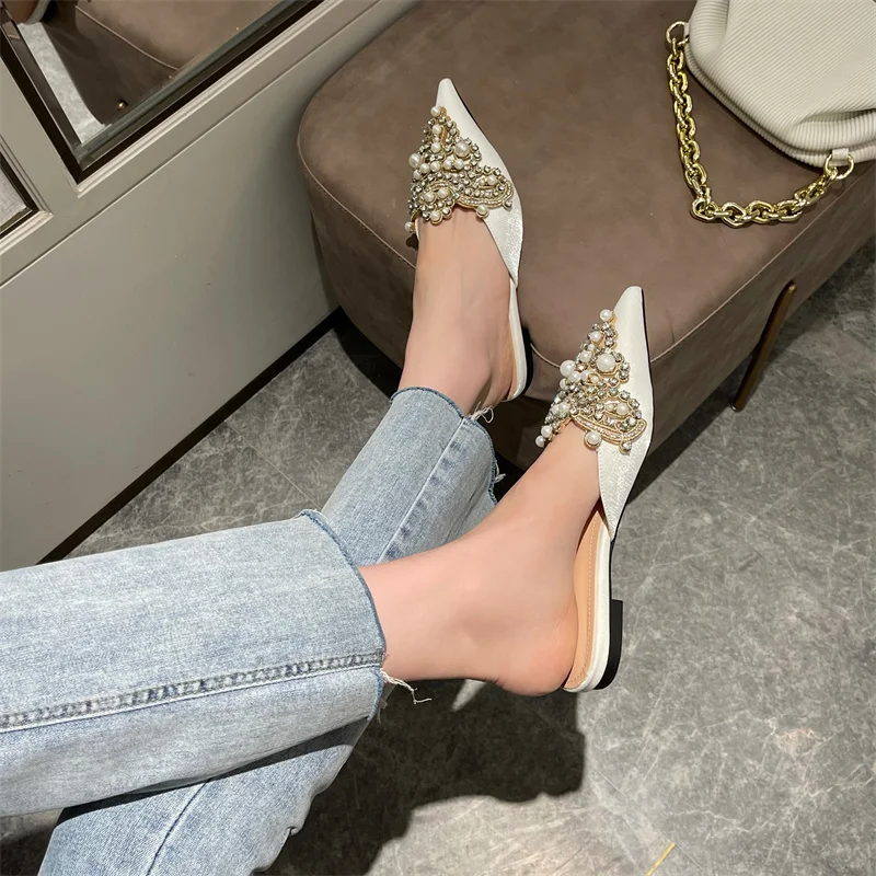 Pointed Toe Women Slippers Slides Lace Pearl Crystal Flats Heeled Black White Shallow Slip On Mules Shoes Slides Party Sandals