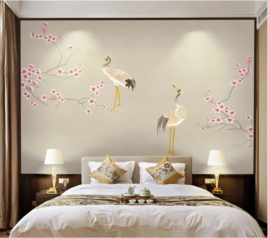 

Custom 3d photo wallpaper hand-painted new Chinese plum blossom painting flower bird crane background wall decoration painting