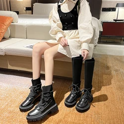 Brand Women's Shoes Autumn Boots Lace Up Flat Heel Round Toe Boots-Women Fashion Med Ladies Lolita Stockings Rock Rubber Ankle