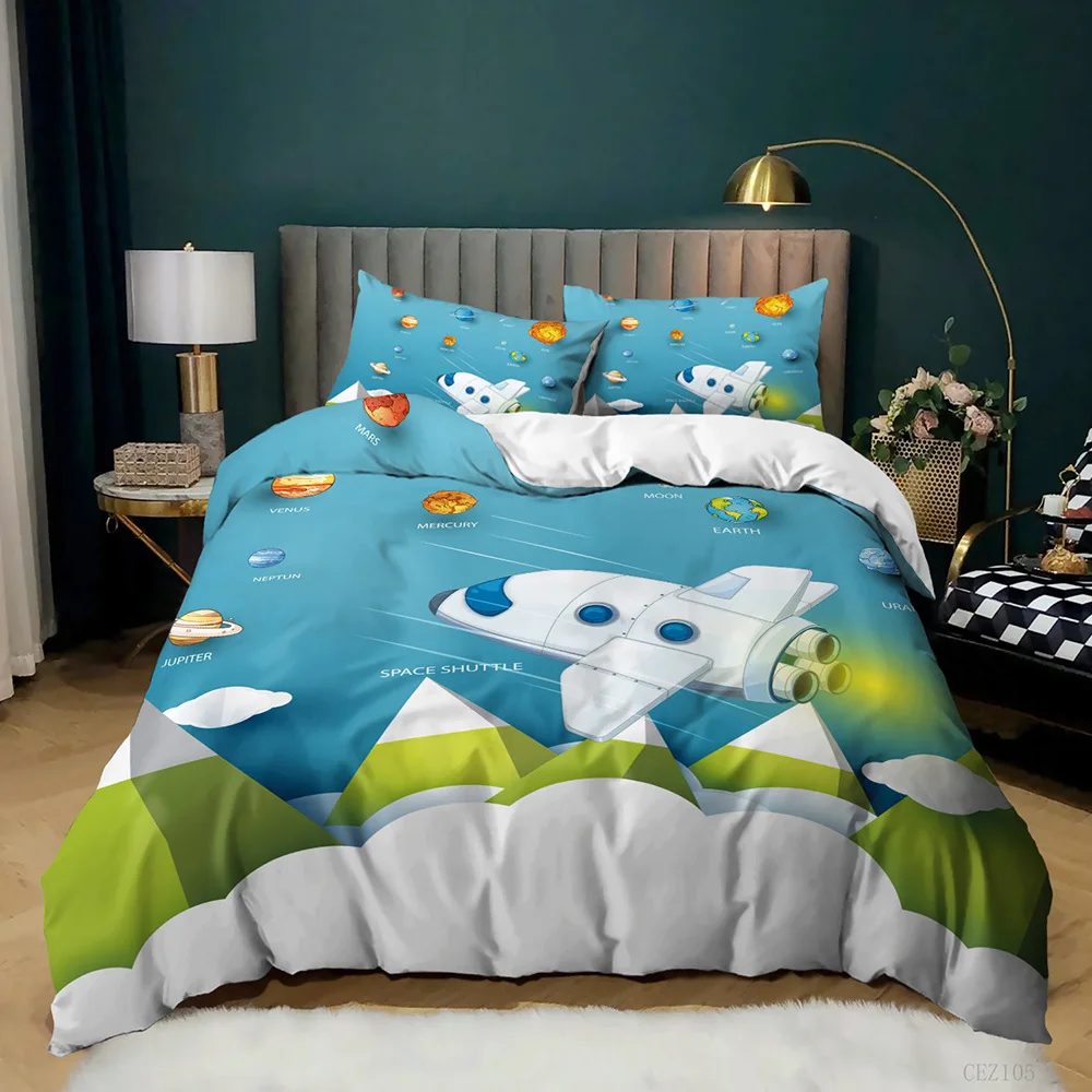 

Outer Space Themed Bedding Set Cartoon Comforter Cover Set with Pillowcase for Kids Boys Rocket Ship Cute Duvet Cover Set