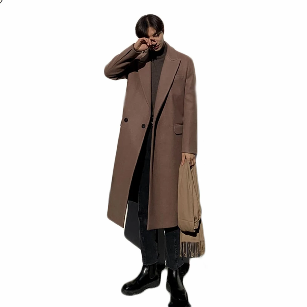 Korean Style Thick Winter Woolen Overcoat 2021 New Singal Button Men\'s Loose Warm Long-Length Trench Coat Male Jacket