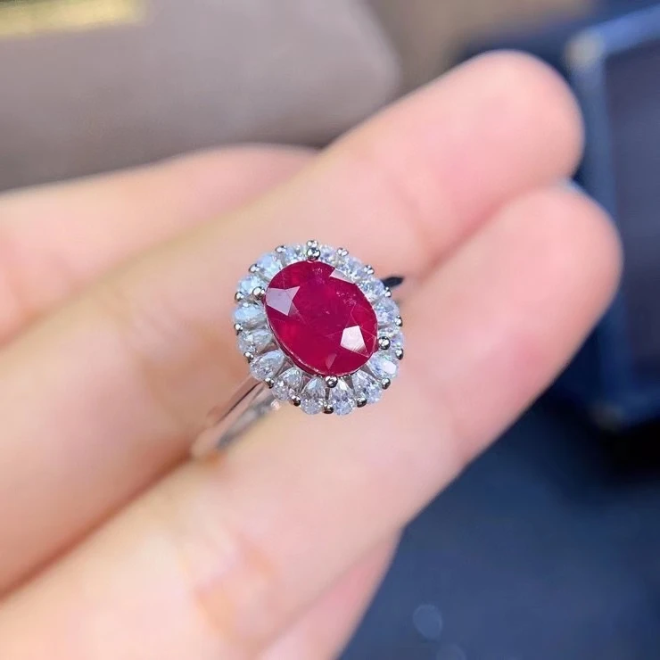 Fine Jewelry S925 Sterling Silver Inlaid Natural Ruby Ring Support Test 6x8mm Size Gemstone Noble Character Good Gift  Sale