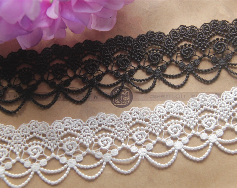 10Yds White Black Fabric Tassel Rose Flowers Embroidered Lace Trim DIY Handmade Craft Clothes Sewing Accessories Supplies