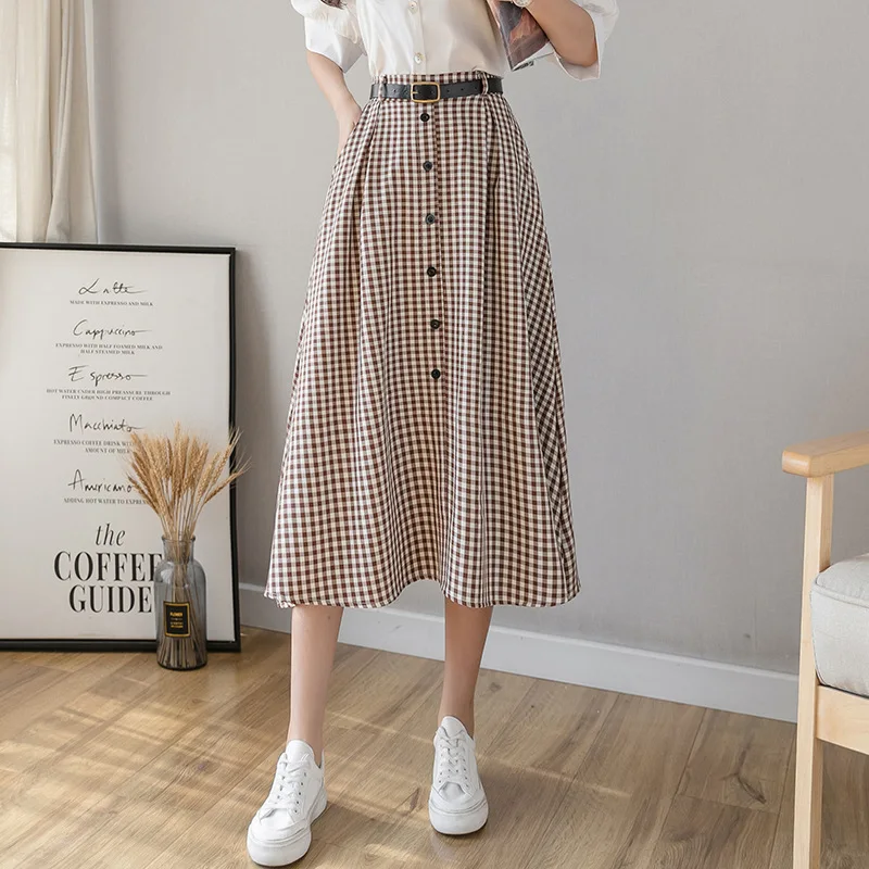 2020 Plaid single-breasted a-line high waist slim Medium-length sexy school girls vintage with belt women long summer skirt