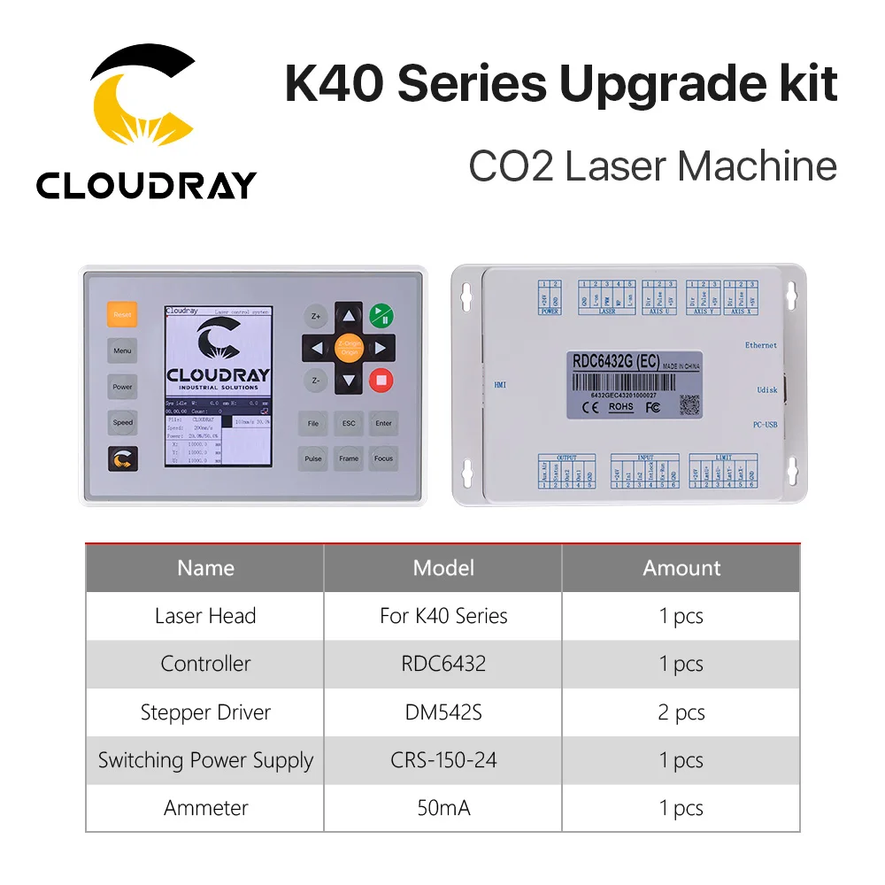 Cloudray K40 Series Upgrade Kit for CO2 Small Laser Engraving Machine Ruida RDC6432 CO2 Laser Controller DM542S Stepper Driver