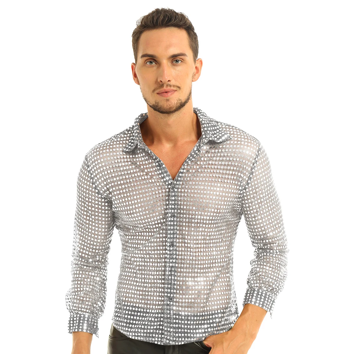 Camisa de lentejuelas brillantes para hombre, Tops de baile de graduación, malla transparente, manga larga, ropa de discoteca ajustada, Top de actuación de baile de discoteca, moda