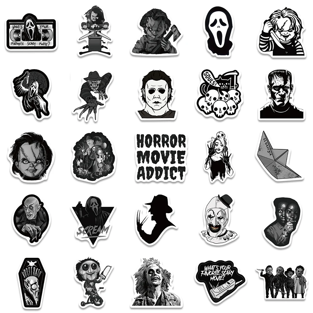 10/30/50PCS Cool Black and White Horror Movie Character Stickers DIY Bike Skateboard Fridge Laptop Luggage Waterproof Sticker