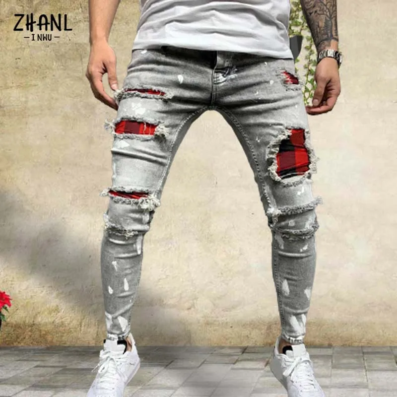 Blue Skinny Men\'s Jeans Plaid Patchwork Joggers Pants Fashion Paint Painting Streetwear Slim Gray Hip Hop Casual Trousers Male