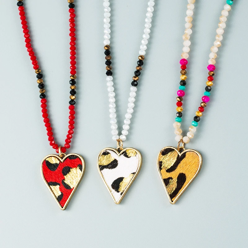 New Valentines Gift Beads Chain Big Heart Shaped Horse Hair Leopard Love Pendants Necklace Women