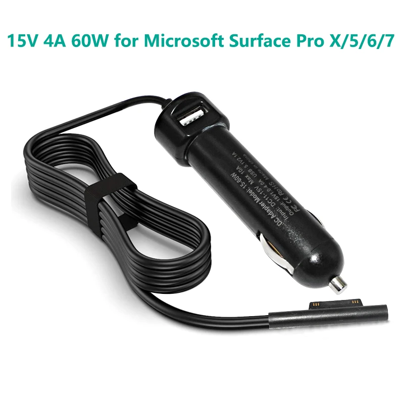 

60W Laptop Car Charger Dc Adapter for Microsoft Surface Pro X/5/6/7 15V 2.58A 4A Car Adapter with USB Port