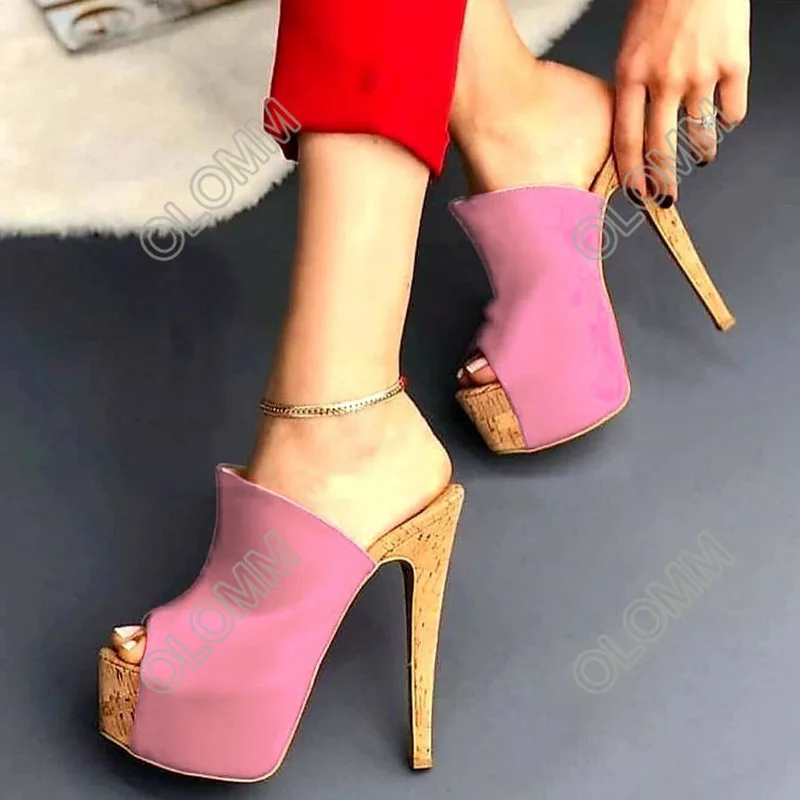 Olomm 2021 Handmade kobiety sandały na platformie Satin Cork szpilki Peep Toe Gorgeous czerwone różowe niebieskie przyjęcie buty rozmiar 35 47 52