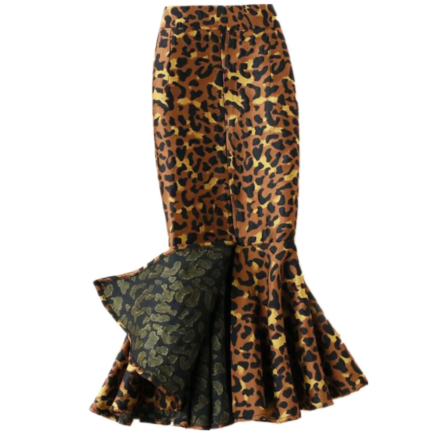 

Leopard printed mermaid skirt women high waist package hip split trumpet skirt