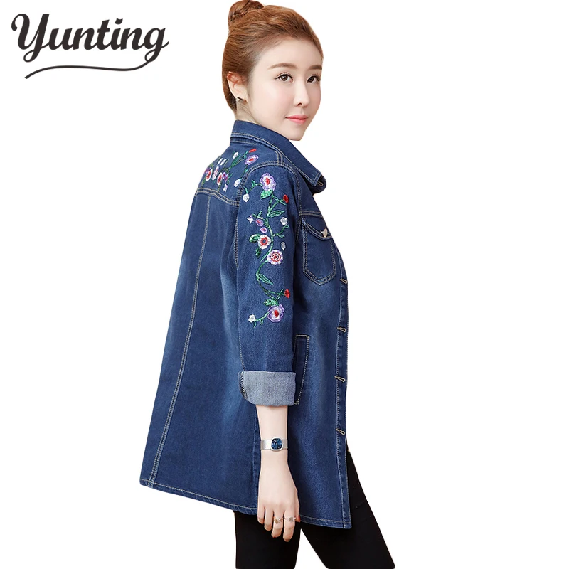 Floral Women Denim Coat Embroidery Basic Ladies Jean Slim Flower Outwear Jackets 2021 New