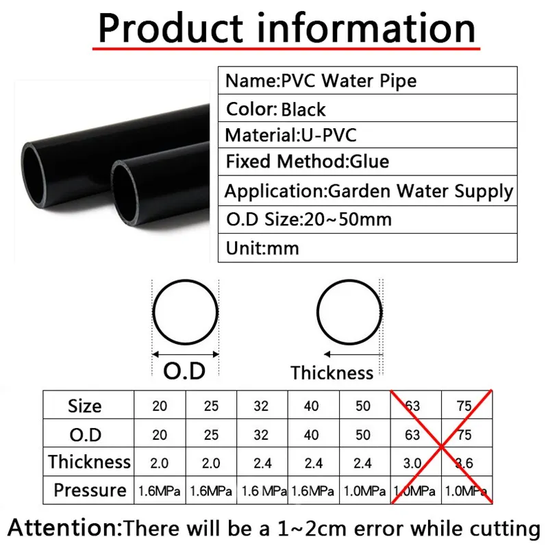 Black PVC Pipe O.D 20～50mm Agriculture Garden Irrigation Hard Tube Fish Tank Water Pipe Aquarium Supplies Home DIY Freme Tube