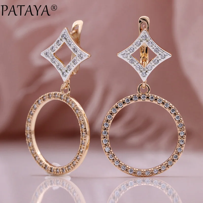 

PATAYA New Two-color Hyperbole Big Circle Long Drop Earrings 585 Rose Gold Color Natural Zircon Earrings Wedding Fashion Jewelry