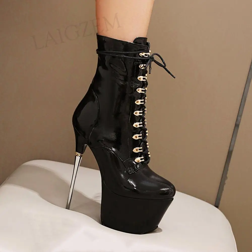 LAIGZEM SEXY Women Ankle Boots Platform Metal Stiletto Heels Side Zip Pole Dance Boots Party Shoes Woman Big Size 33 38 39 43