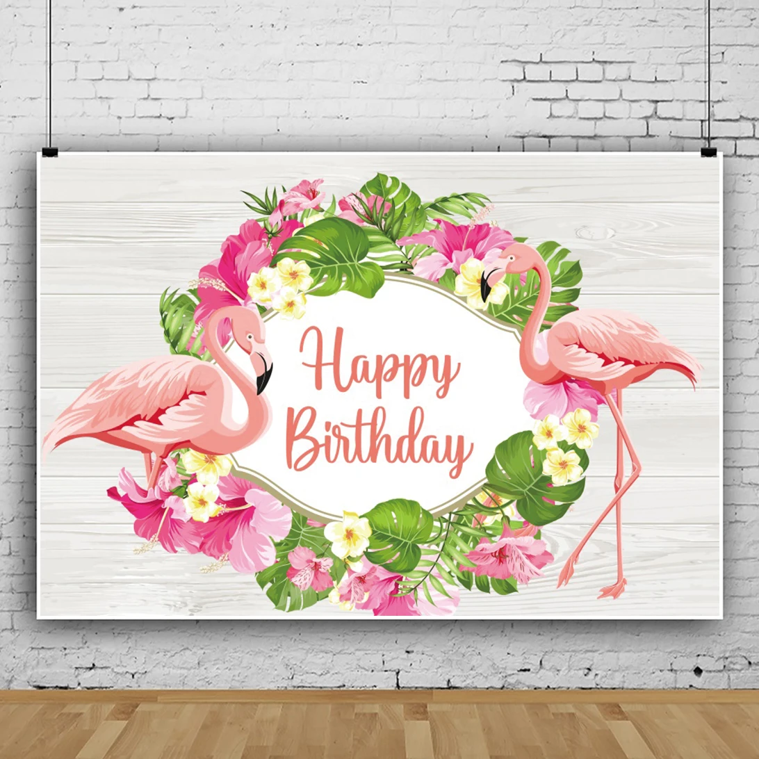 Laeacco Flamingo tropikalne rośliny kwiat fotografia tło wszystkiego najlepszego z okazji urodzin deski drewniane dziecko dostosowane tło Photocall
