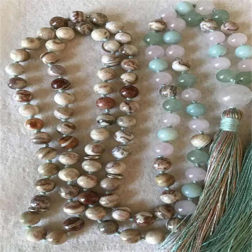 8mm lace Agate Aventurine Gemstone 108 Beads Mala necklace Handmade Buddhism yoga Meditation Stress Healing MONK Sutra Prayer