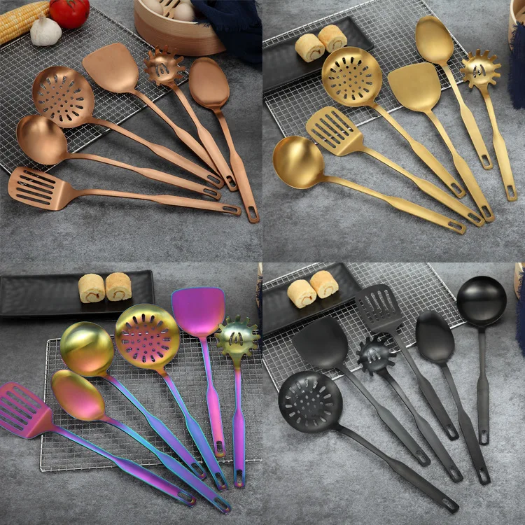 Stainless Steel Kitchenware Spatula Frying shovel Cooking Tool Set Gold Scoop Soup Ladle Skimmer Colander Kitchen Accessories