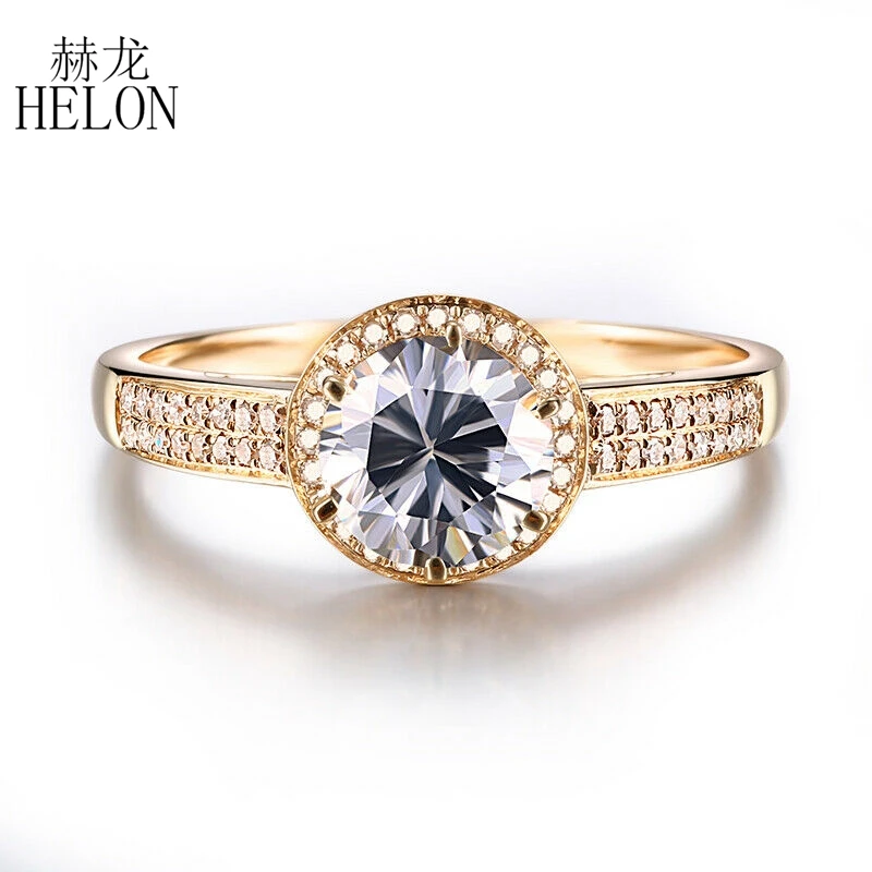 HELON Round 6mm Moissanite Ring Solid 10k Yellow Gold Test Positive Moissanite Ring Band Diamond Wedding Trendy Fine Jewelry