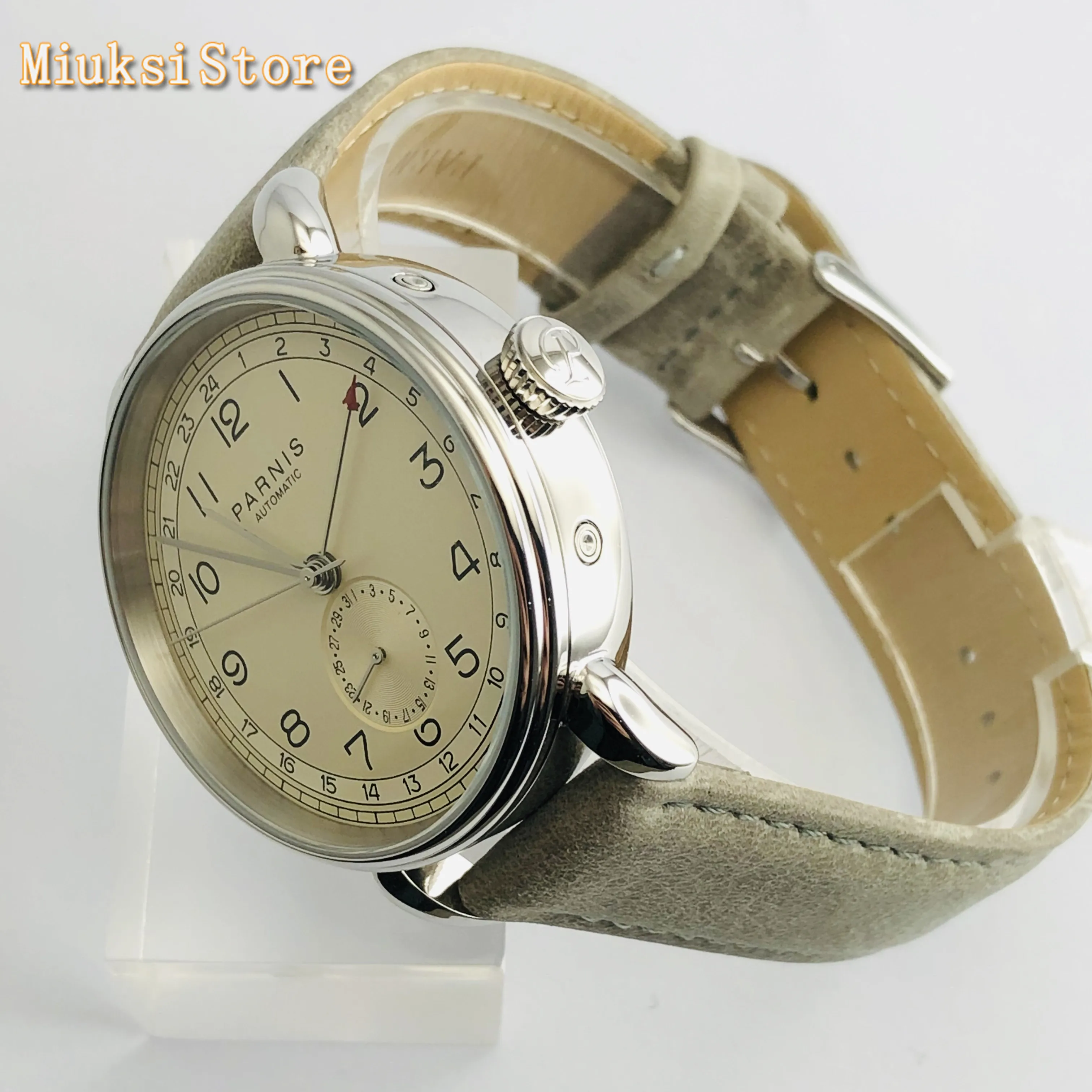 Parnis new top mens automatic mechanical watch 42mm silver case GMT arab mark date window leather mens watches