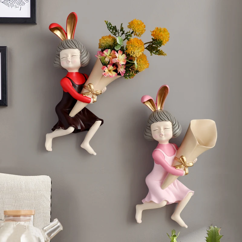 Wall Vase Decoration Home Décor Rabbit Girl Statue wall Décor With Flower Vase Room Décor Vase Wall planter