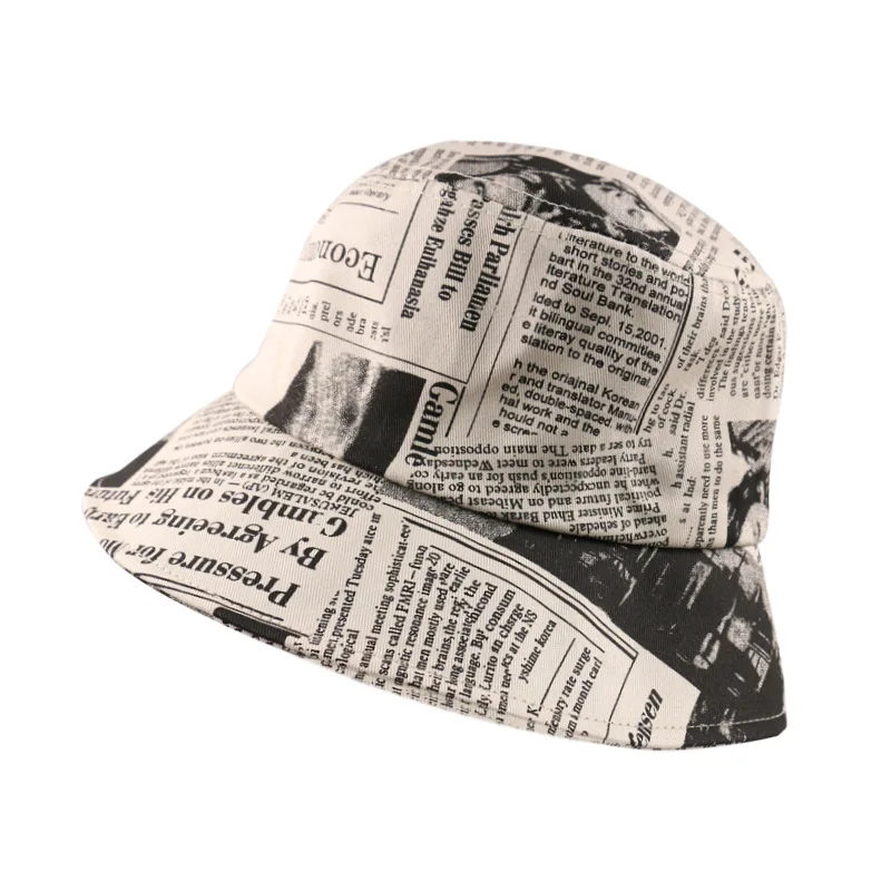 Winfox  Black White Letter Newspaper Print Bucket Hat Fashion Fisherman Cap Men Women Gorros Fishing Hats