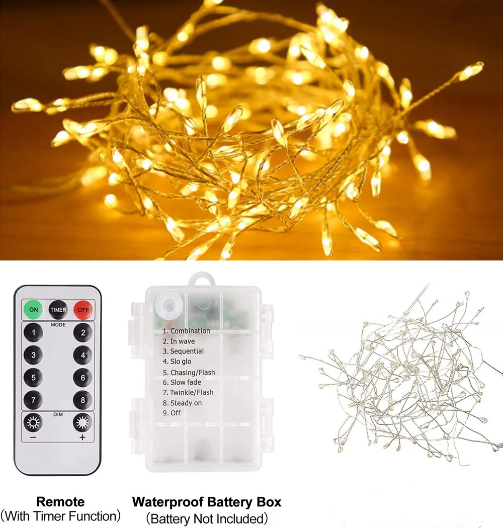 Imagem -02 - Fairy Firecracker Cluster String Lights Usb Powered Holiday Firework Guirlanda de Luzes para Festa de Casamento Natal 100 Led 200 Led Modos