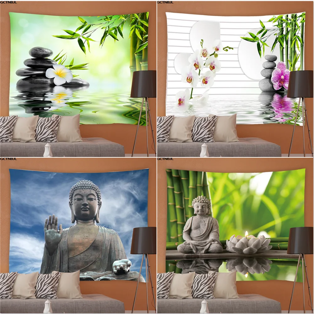 Zen Spa Floral Tapestry Wall Hanging Decor Lotus Bamboo Stems Stones Garden Scenery Background Cloth Tapestries Blankets Carpet