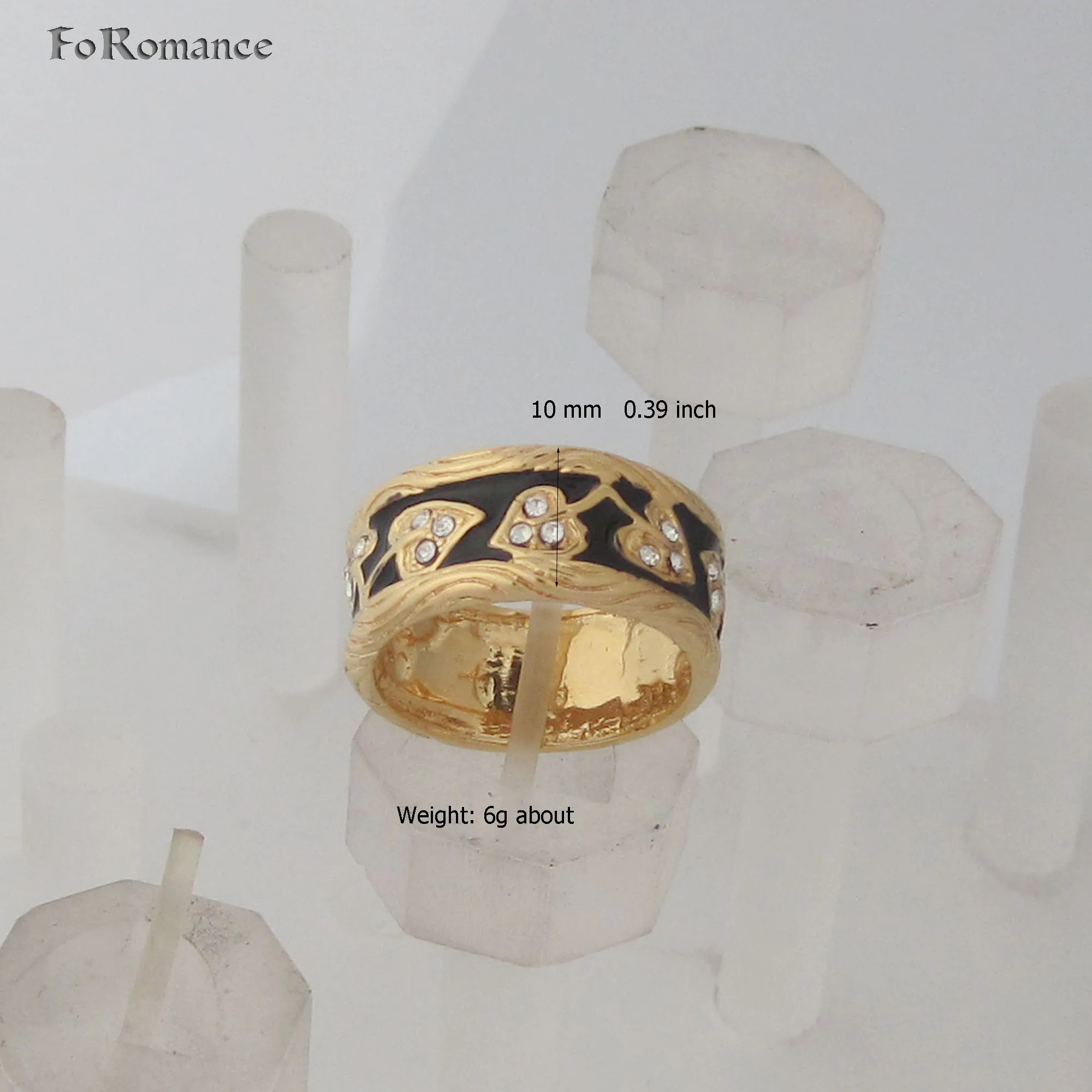 YELLOW GOLD PLATED VIVID LEAF LEAVES IN HEART SHAPE BLACK ENAMEL CZ STONE RING ROUND  AVAILABLE SIZE 7 8 9 10 11